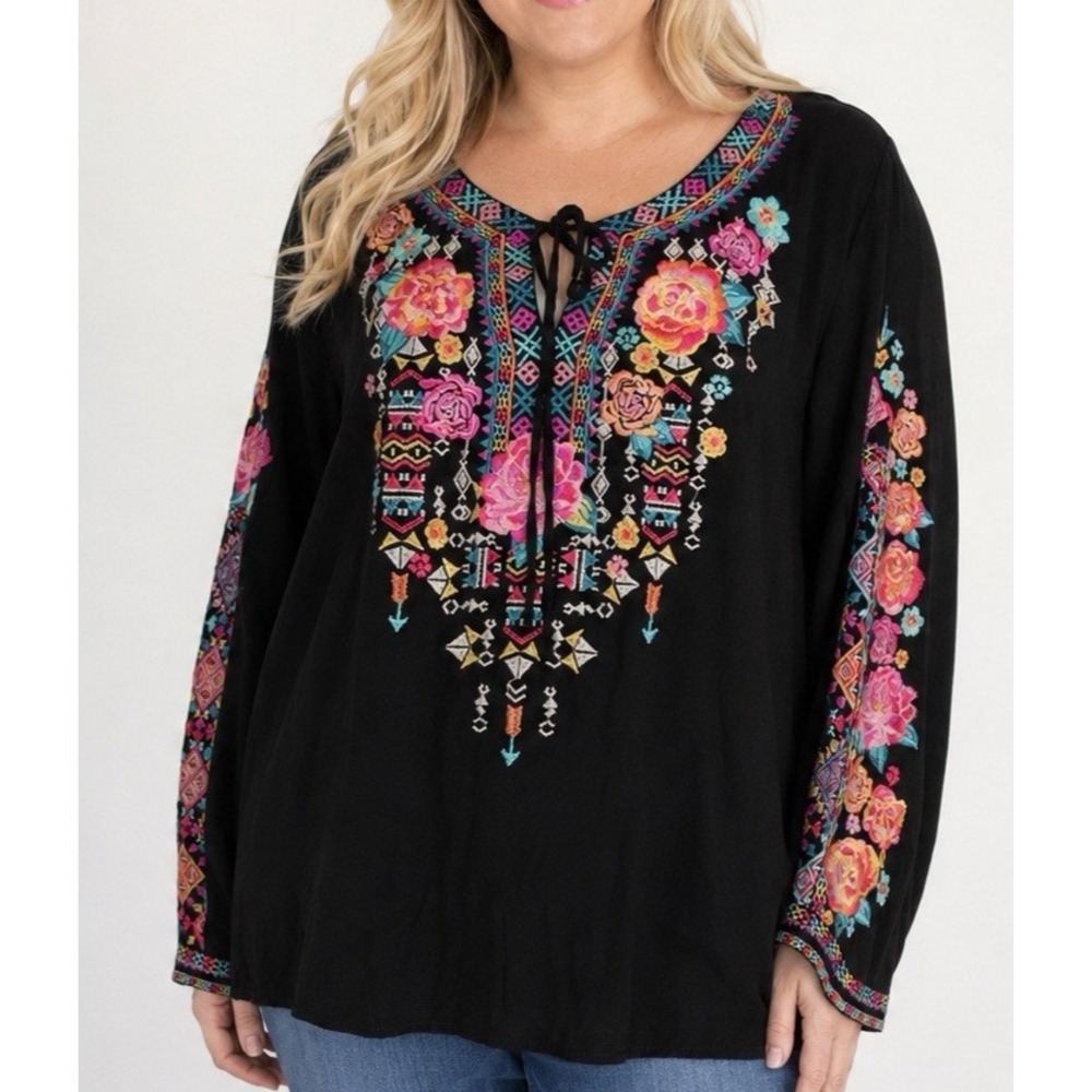 Savanna Jane Black Embroidered Boho Coquette Tunic Top 1X Floral Rayon Luxury - Picture 1 of 8